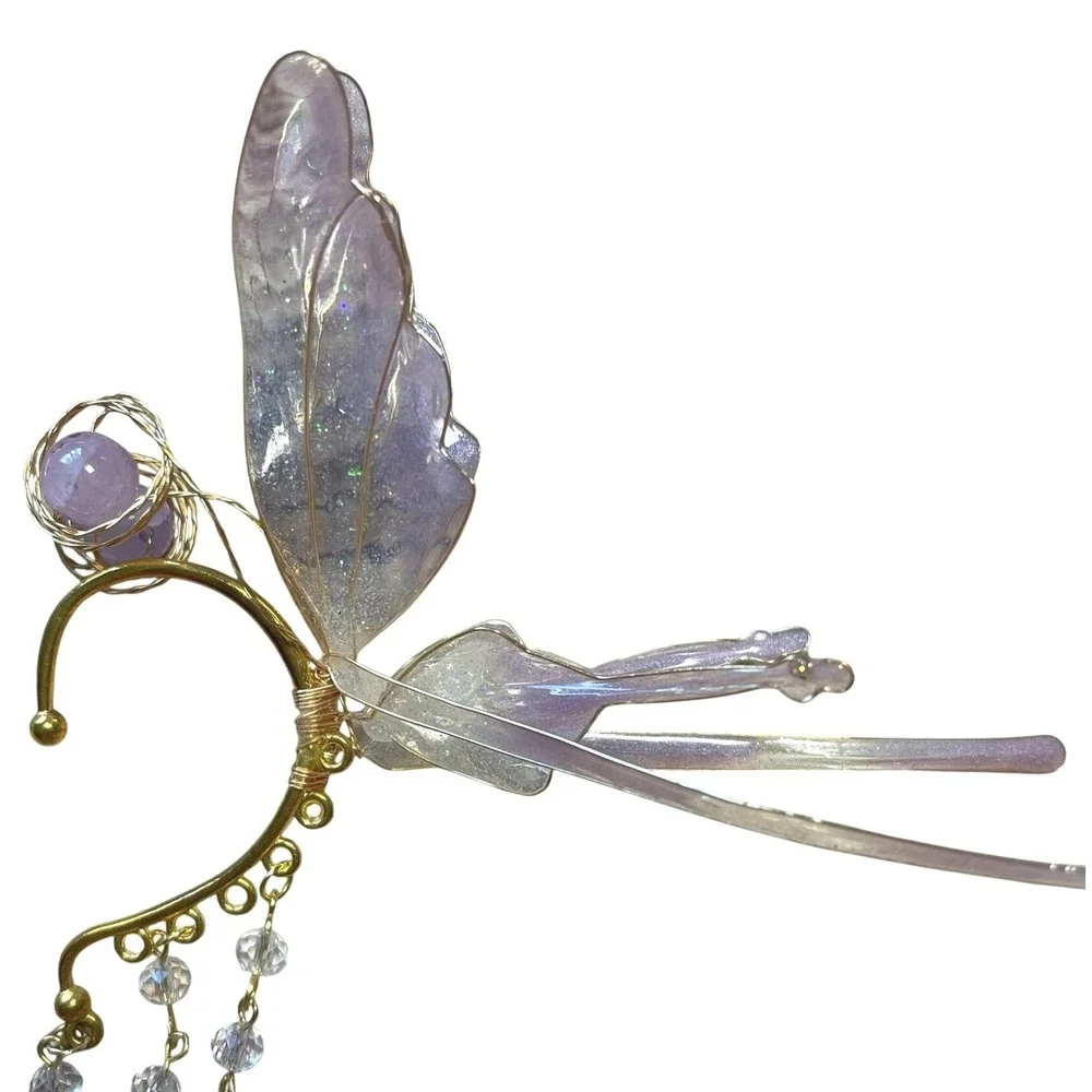 Purple‎ Iridescent Fairy Wing Ear Cuff Gold Tone Dangle Crystal Fantasy Wrap